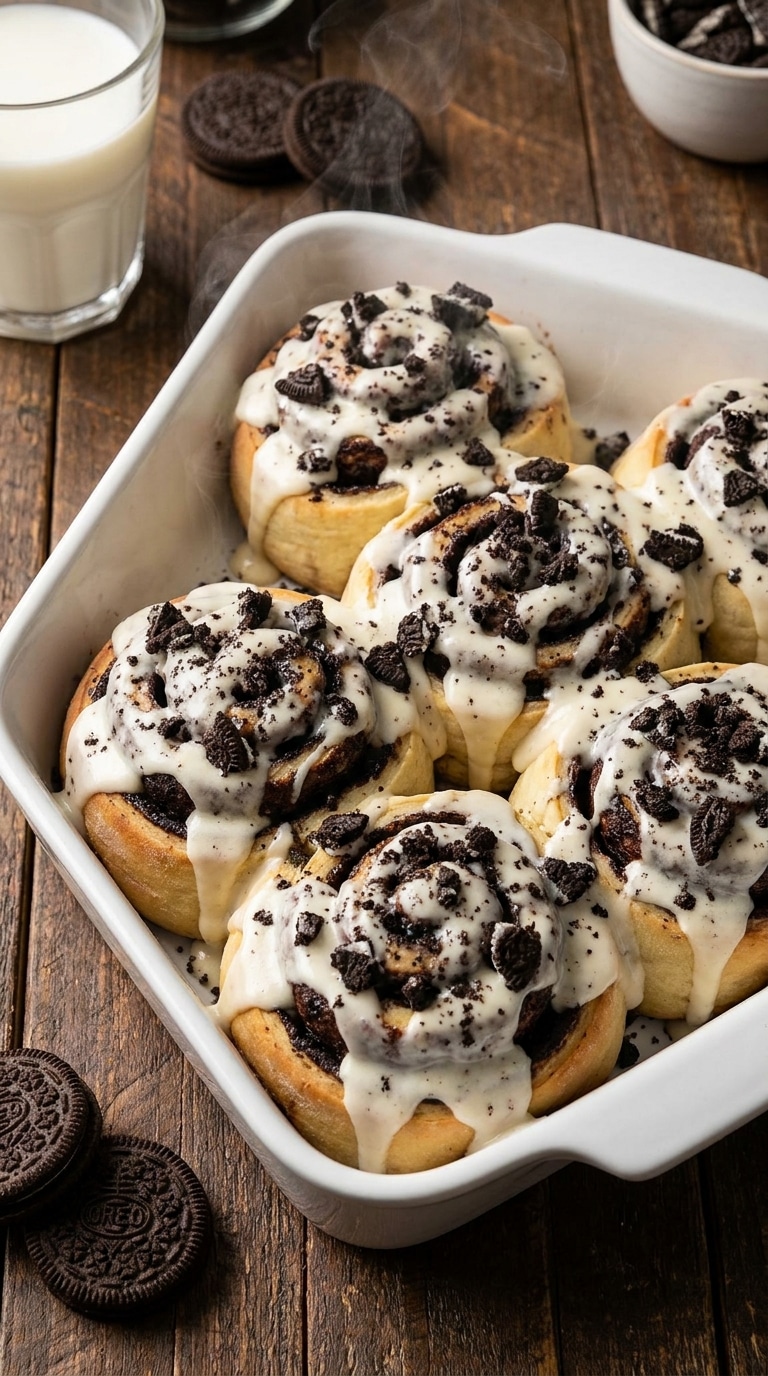 A baking pan of fluffy Oreo cinnamon rolls topped with thick white cream cheese frosting and crushed chocolate sandwich cookies.